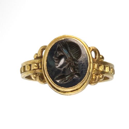 Roman Gold Ring with Onyx Intaglio, Bust of Apollo, c. (1 of 6)