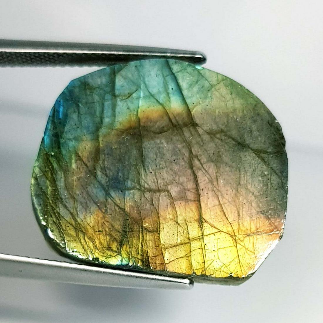 28.57 Ct Natural Labradorite Slice: No Reserve! Title: 28.57 Ct Natural Labradorite Slice Color/Clarity: Opaque Carat Weight: 28.57 Size/Dimensions: 23.00 x 10.00 x 5.50 Additional Information: Fancy - USA Shipping: Domestic: Flat-r
