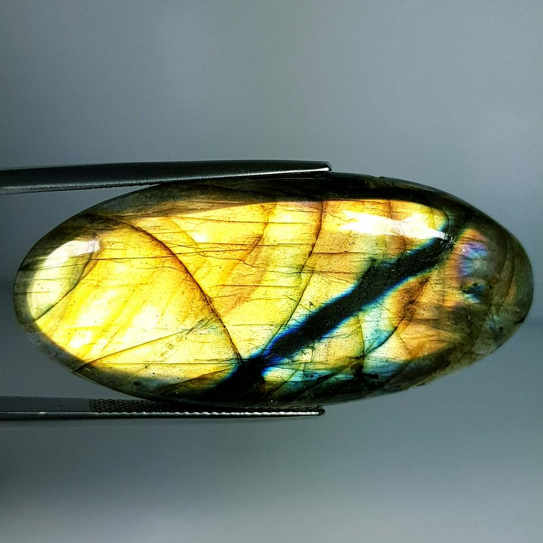 49.87 Ct Natural Labradorite: No Reserve! Title: 49.87 Ct Natural Labradorite Color/Clarity: Opaque Carat Weight: 49.87 Size/Dimensions: 47.80 x 22.20 x 5.50 Additional Information: Oval - USA Shipping: Domestic: Flat-rate of