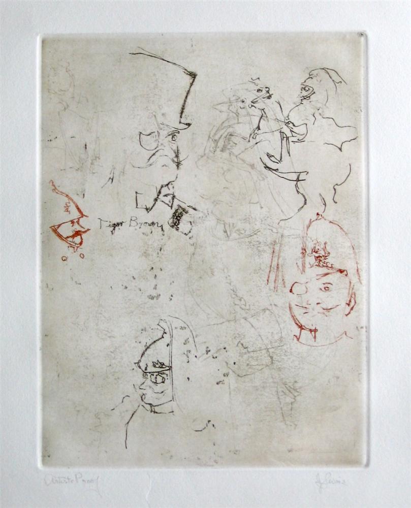 Jack Levine signed original etching "Tiger Brown": Medium: original soft ground etching, signed in pencil and annotated "Artist's Proof". This etching was executed in 1967 for the "Dreigroschen Film" series, for the limited edition portfolio published