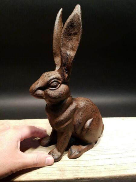 Cast Iron Garden Table Door Stop Rabbit Hare: 10 1/4" Tall x 6" Long x 3" Wide Nice Reproduction solid cast iron rabbit statue. This rabbit is much thicker, and heavier then other similar ones we have seen. Makes a great accent piece indoor or ou