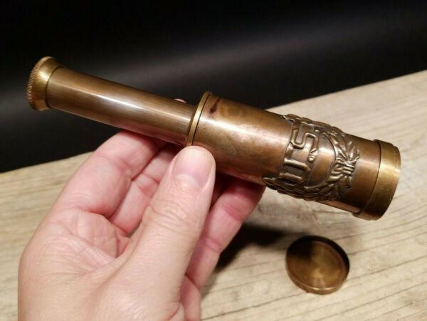 Brass Civil War US Traveling Pocket Telescope: Telescope measures 3 3/4" Long closed x 6 1/4" open Nice quality reproduction of a traveling pocket telescope and cap. This piece is all brass with a US design on it. While its not super strong it doe