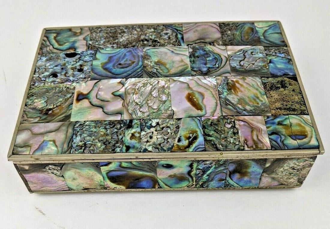 Vintage jewelry Mosaic trinket box shell Silver wood (1 of 7)