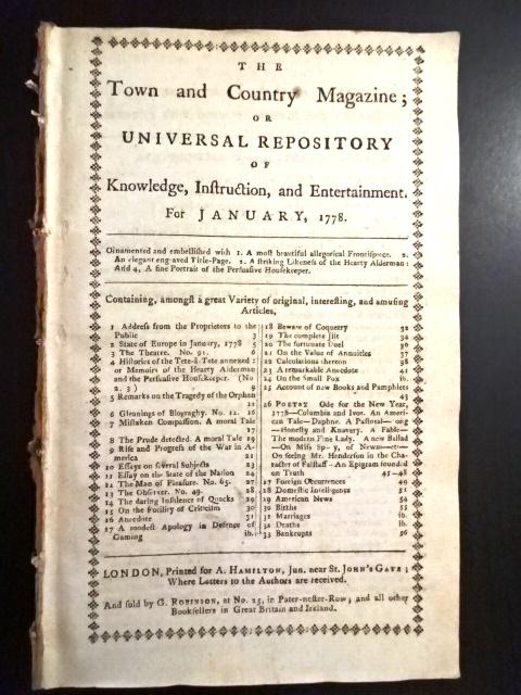 1778 Magazine Revolutionary War Small Pox: The January 1778 issue of "The Town and Country Magazine or Universal Repository..", printed at London for A. Hamilton. 56 pages and one engraved plate. Some Revolutionary War content including histor