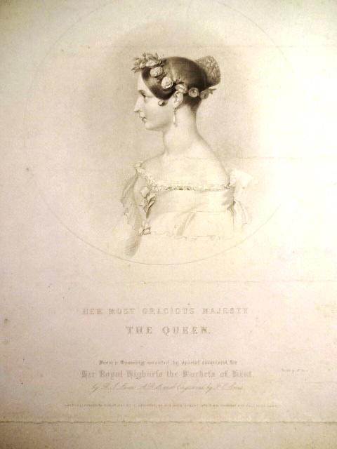 1837 Engraving of Queen Victoria: Large engraving of Queen Victoria "Her Most Gracious Majesty the Queenâ€¦.from a Drawing by R. Lane, published at London by J. Mitchell June 22, 1837. Very Good, measures 12 x 16". Ample borders,