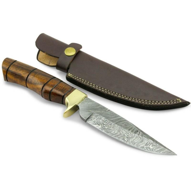 Hunting hiking damascus steel knife walnut wood brass: Knife "Ipswich" • Blade - damask steel • Handle – walnut wood, brass • Scabbard – leather (included) • Blade hardness – 58-60 HRC • Total length –