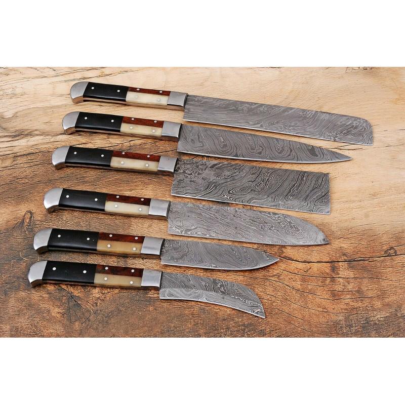 Set of 6 chef kitchen work damascus steel knives horn (1 of 4)
