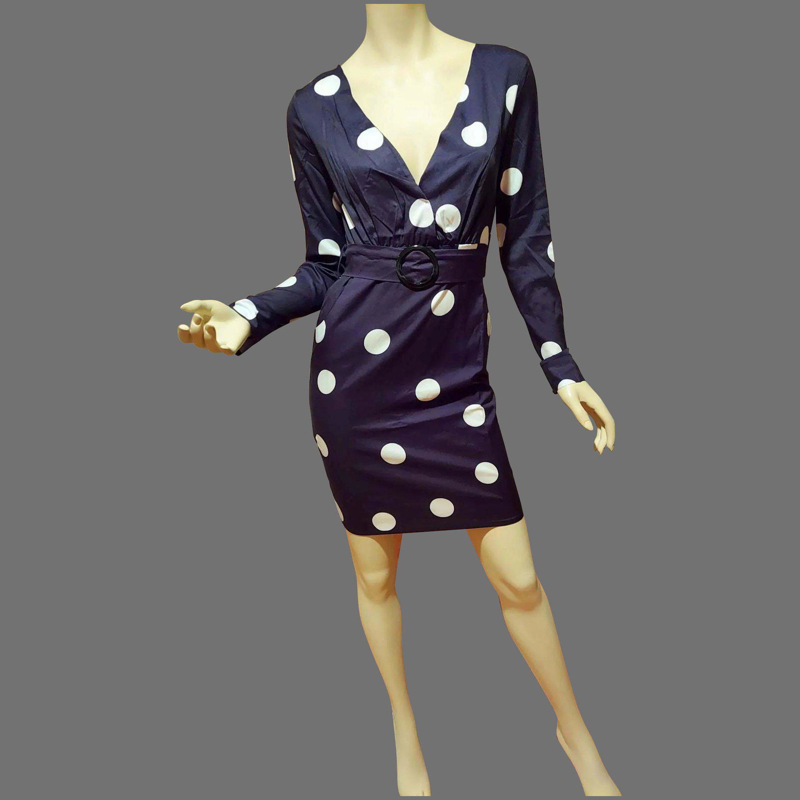 Vtg LBD Large Polka Dots Body Con dress with belt: Beautiful Fitted Dress Black with white large Polka Dots with Deep Front & back V Belt made of the same Fabric with Plexy Buckle. A Little beauty and in very good vintage condition A Size -S Reserve: 
