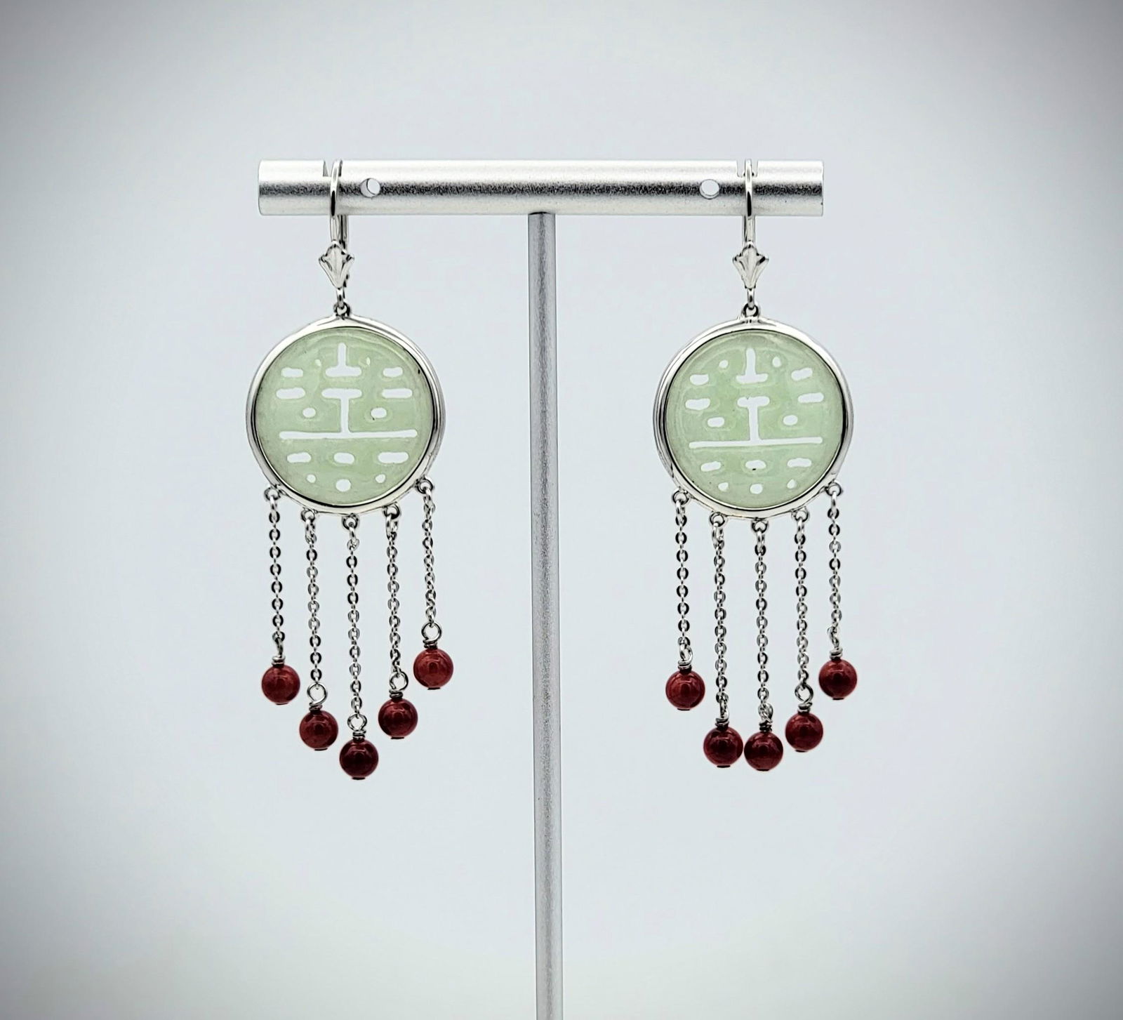 Sterling Silver Engraved Jade w Dangly Coral Beads (1 of 1)