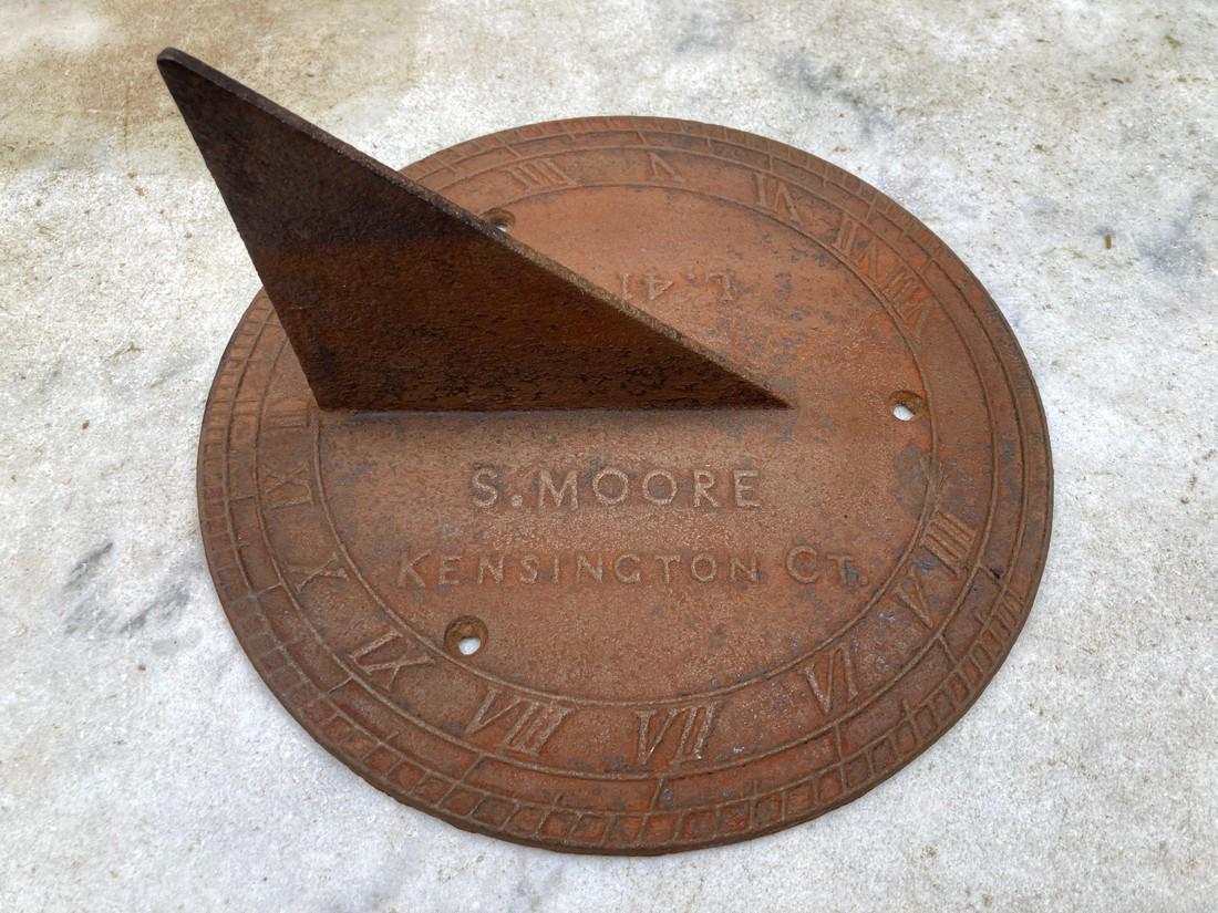 19thc rare cast iron S. MOORE sundial: Title: 19thc rare cast iron S. MOORE sundial Provenance/Additional Info: KENSINGTON, CT. 9 1/4" diameter. Shipping: Domestic: Flat-rate of $25.00 to anywhere within the contiguous U.S. International:
