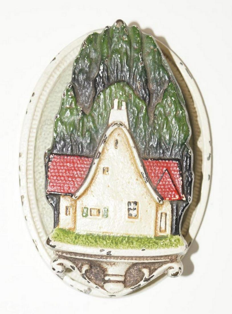 Antique Cottage in Woods Cast Iron Doorknocker: Title: Antique Cottage in Woods Cast Iron Doorknocker Date/Period: Circa 1920's-30's. Dimensions: 3 3/8" tall x 2 3/8" wide. Provenance/Additional Info: An Antique Cottage in Woods Cast Iron Doorknock