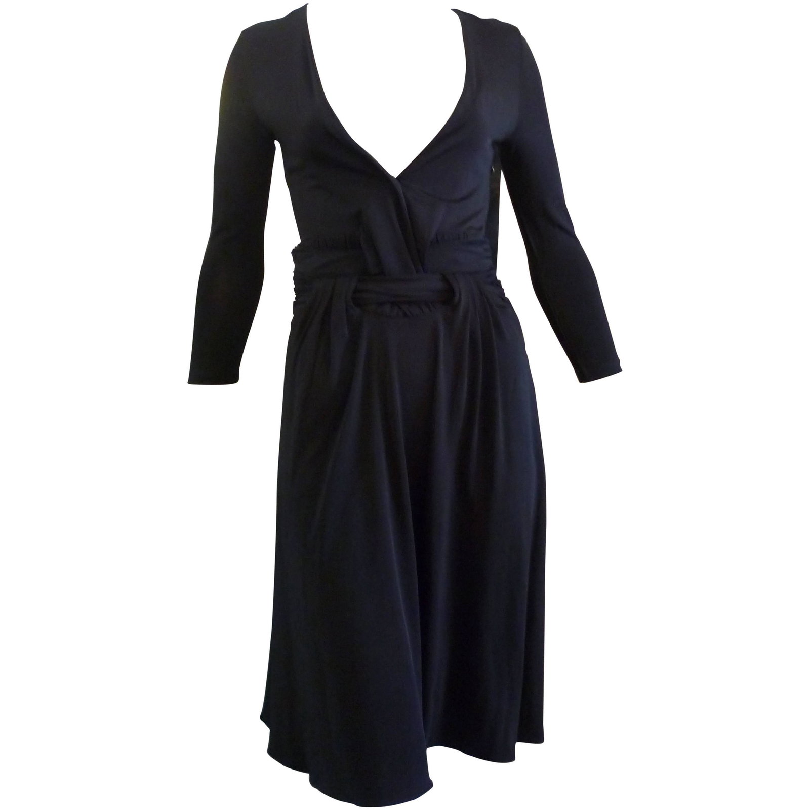 Just Cavalli Sexy Black Viscose Dress W/T (38 Itl): This dress has a plunging neckline and an intricate weave waist in the front, and loose in the back. The sleeve are 3/4 and the skirt falls very nicely into soft pleats. Closure is by way of a side zi