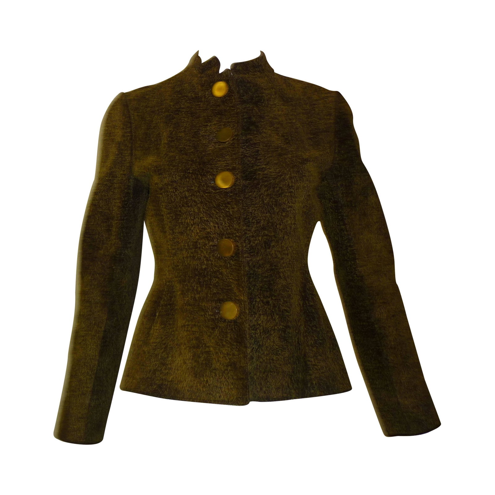 Vintage Givenchy Jacket: Very unusual jacket brown undertone with dijon mustard yellow fine hairs. This jacket has a mandarin collar; five weighty round button, and is nicely fitted at the waist giving the back a nice slight 