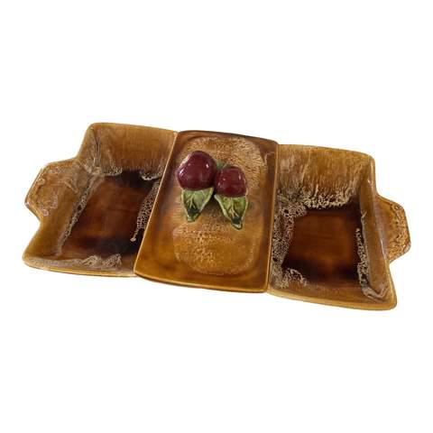 Mid Century Brown Drip Glaze Serveware With Apple: Beautiful mid century drip glaze serveware with apple detail. Perfect for any tablescape and for the interior designer. Reserve: $99.00 Shipping: Domestic: Flat-rate of $29.00 to anywhere within the c