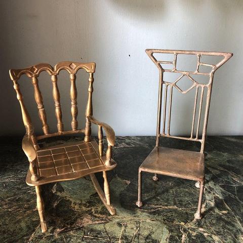 Mismatched Art Deco Nouveau Metal Plant Stands - FREE: Perfect for displaying small plants or collections. Also, beautiful as is on a bookshelf or a tabletop! These brass and metal chairs in the style of Frank Lloyd Wright chairs definitely be a conversat