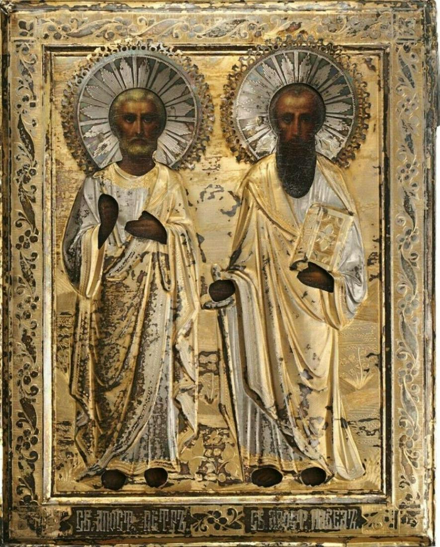 ANTIQUE 19c 84 SILVER GOLD PLATEDHAND PAINTED RUSSIAN: STUNNING 19C ANTIQUE RUSSIAN ORTHODOX ICON OF THE PETER AND PAUL. GOOD ANTIQUE CONDITION,AS SEEN ON PICTURES. EGG TEMPERA,GESSO ,LEVKAS. SIZE ; H ;9 x 7 INCHES . Reserve: $1,995.00 Shipping: Domestic: