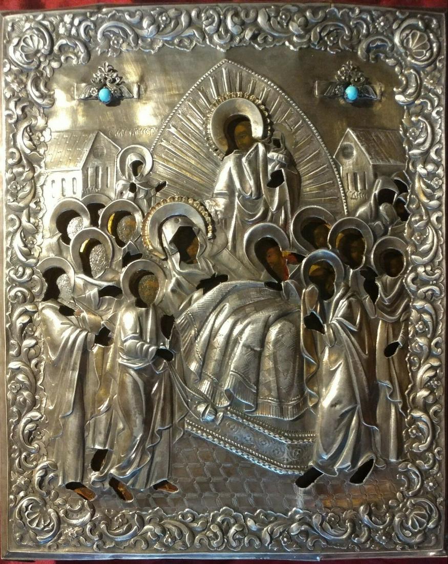 ANTIQUE 18c HAND PAINTED 84 SILVER OKLAD RUSSIAN ICON: STUNNING RUSSIAN ANTIQUE 18c ICON OF THE DORMITION OF THE MOTHER OF GOD WITH GILT 84 SILVER OKLAD ADDED LATER DATED 1844. SIZE ;H : 12 1/4 x 10 1/2 INCHES(32 x 26,5 CM). Reserve: $4,995.00 Shipping: D