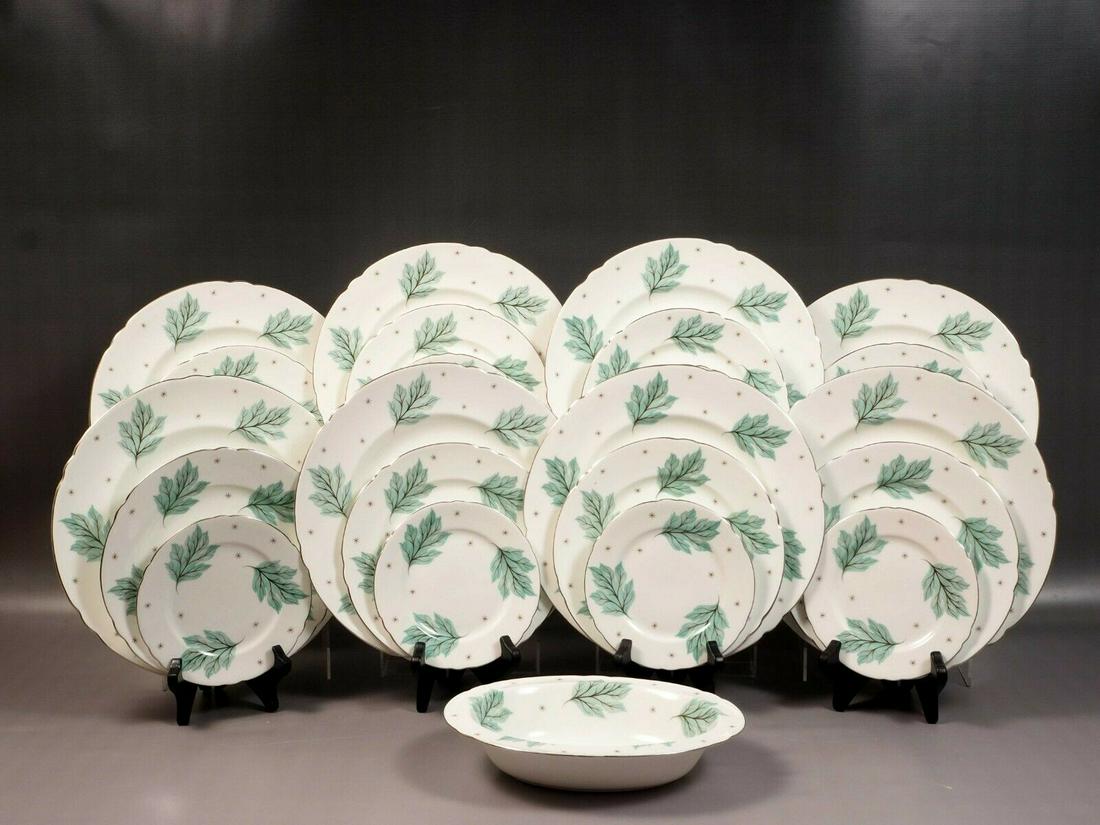 Shelley Drifting Leaves Dinner Set Bone China England: This is a beautiful and timeless Fine Bone China Dinnerware Set, made by Shelley England The set is in beautiful Drifting Leaves Pattern, number 13848. It is with snow white background with delicate t