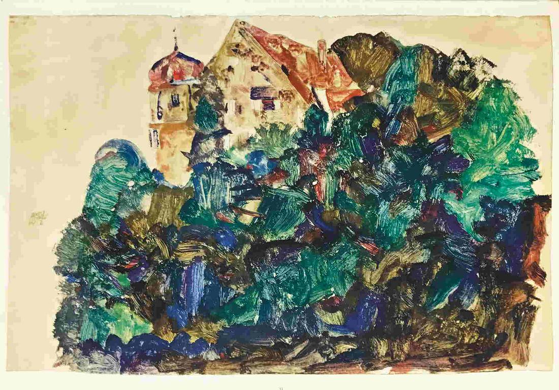 Egon Schiele Lithograph The old castle in Bregenz: Artist: Egon Schiele Title: The old castle in Bregenz Medium: Lithograph Marks: Signed in plate Printed: 1968 Max Jaffe, Vienna Austria Paper: Heavy paper 20 x 14 inch Provenance: Egon Schiele book L.