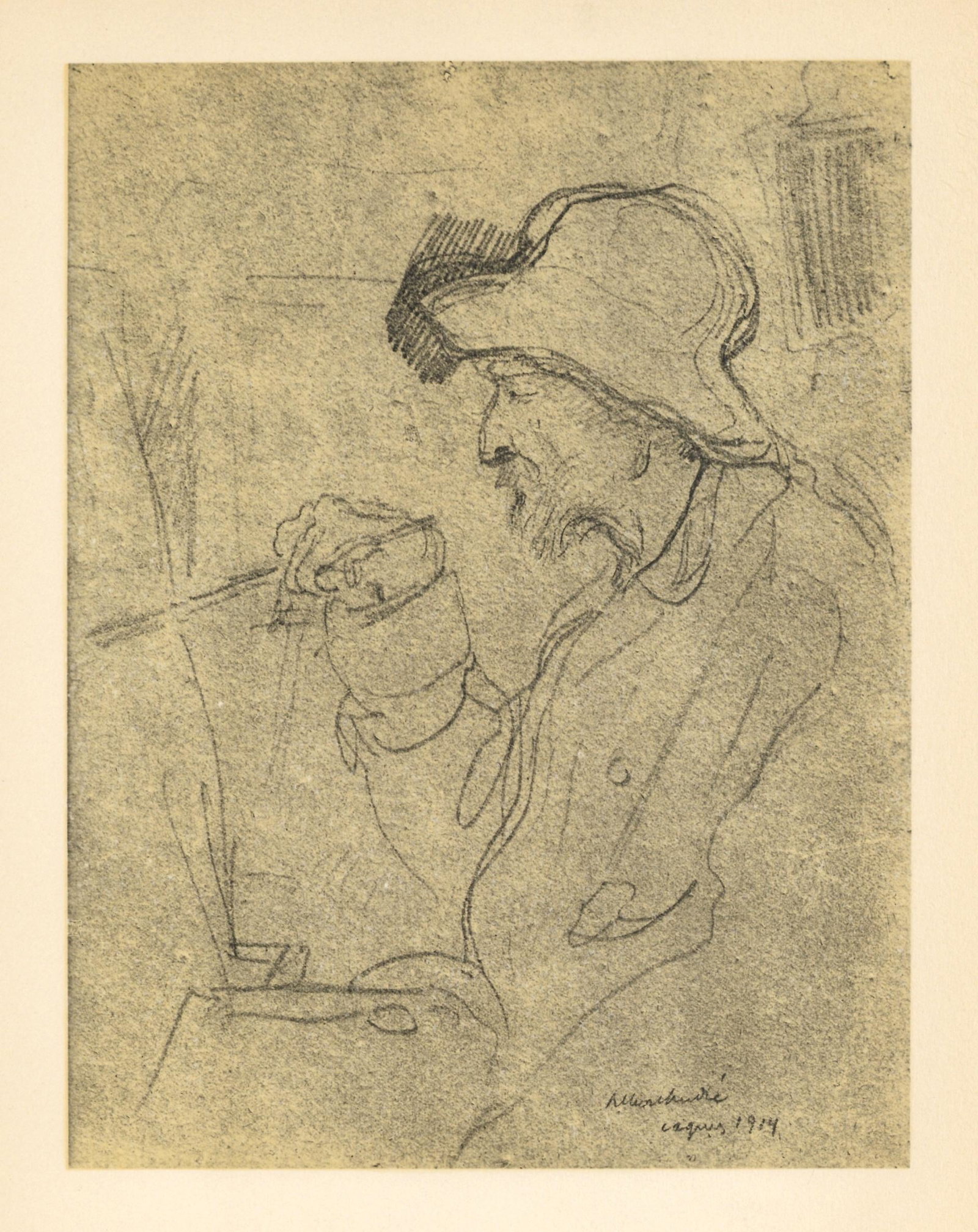 Portrait of Renoir by Albert Andre: Medium: lithograph (after the pencil drawing). This composition was executed by the artist Albert Andre, and is a fascinating portrait of Impressionist master Renoir at work. Printed by Mourlot in 195