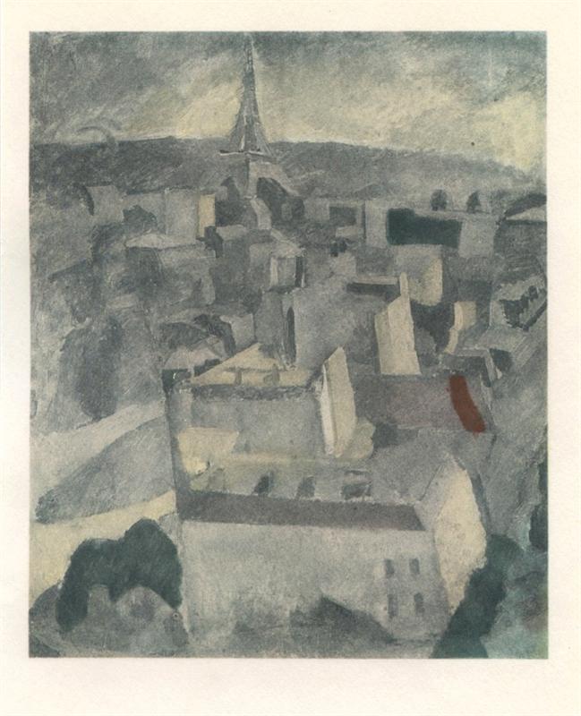 Robert Delaunay "Etude pour La Ville" pochoir: Medium: pochoir (after the oil painting). Printed in Paris by Daniel Jacomet, and published in 1961 by Berggruen. The image measures 4 3/4 x 4 inches (120 x 100 mm). Not signed. This is an example of