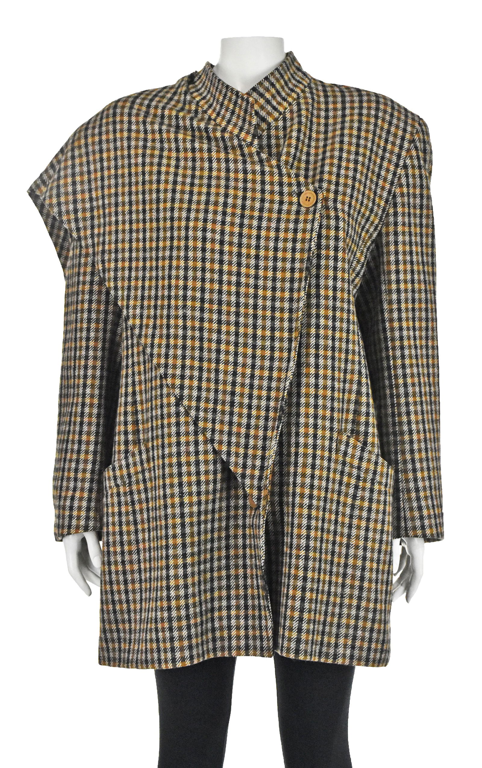 ESCADA Vintage Wool Checked Jacket with Attached Scarf: Vintage 1980s checkered jacket from Escada features an attached scarf or "half of a shawl" that is thrown over your shoulder. When fully buttoned, the coat has a standing collar and five-buttons closu