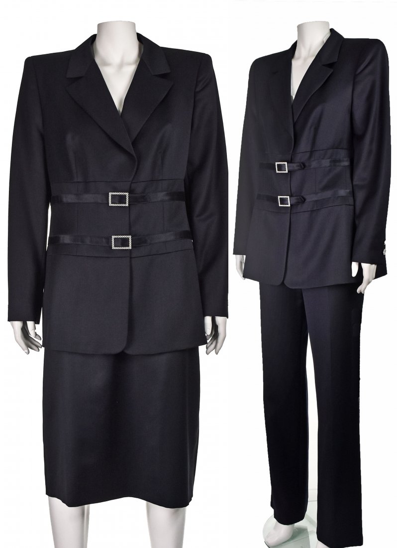 ESCADA 4-Pc Evening Tuxedo w Jacket, Pants, Short and: This four-piece tuxedo ensemble from Escada is truly an amazing find! It comprises a black wool jacket, knee-length skirt, full-length skirt, and cigarette pants. The jacket has lightly padded shoulde