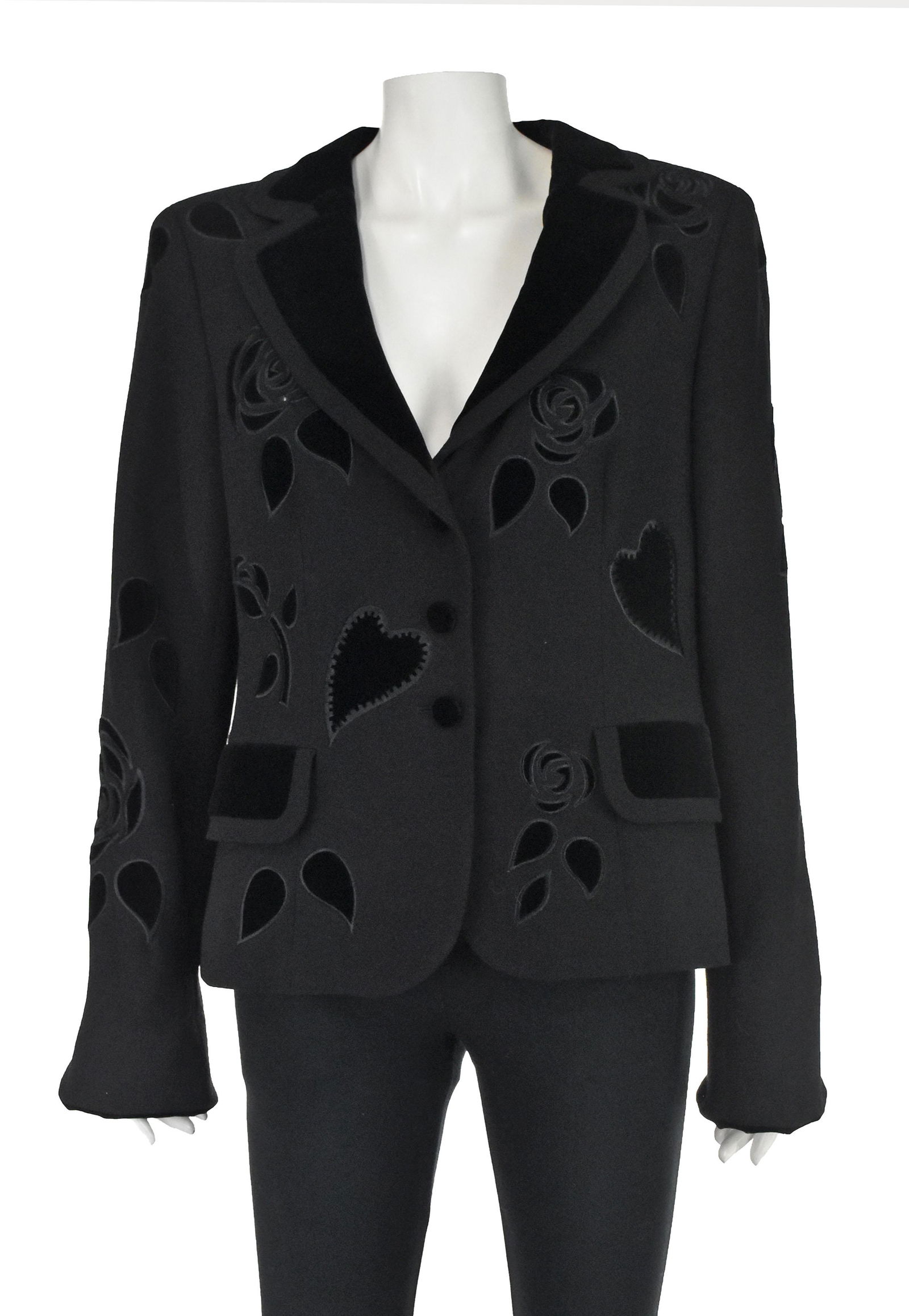 ESCADA Vintage Black Wool Blazer with Velvet Appliques: Great jacket from Escada features velvet appliques of roses and hearts. The jacket also has a velvet collar, cuffs, pocket flaps, and buttons (cuffs should be turned back to reveal 3.5 inches of velve