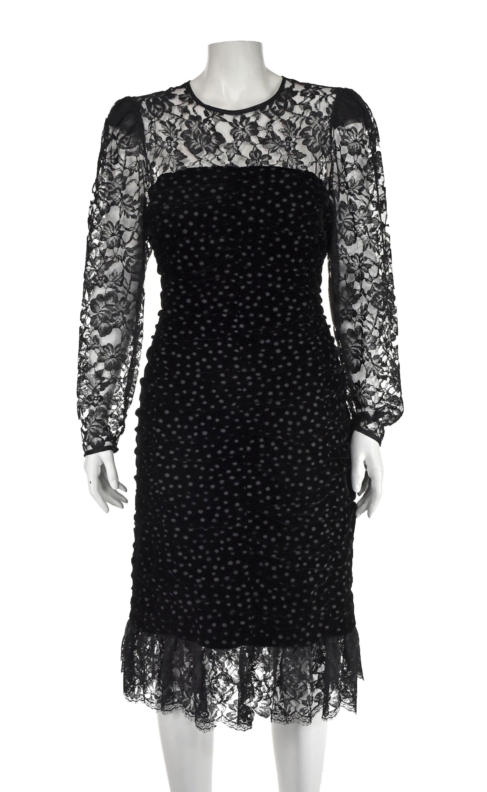 ESCADA Vintage Black Velvet and Lace Cocktail Dress: Beautiful vintage cocktail dress from Escada features a combination of black lace and devore (burnt) velvet. The lace covers the shoulders and and gathered sleeves. The devore, or "burnt velvet" torso