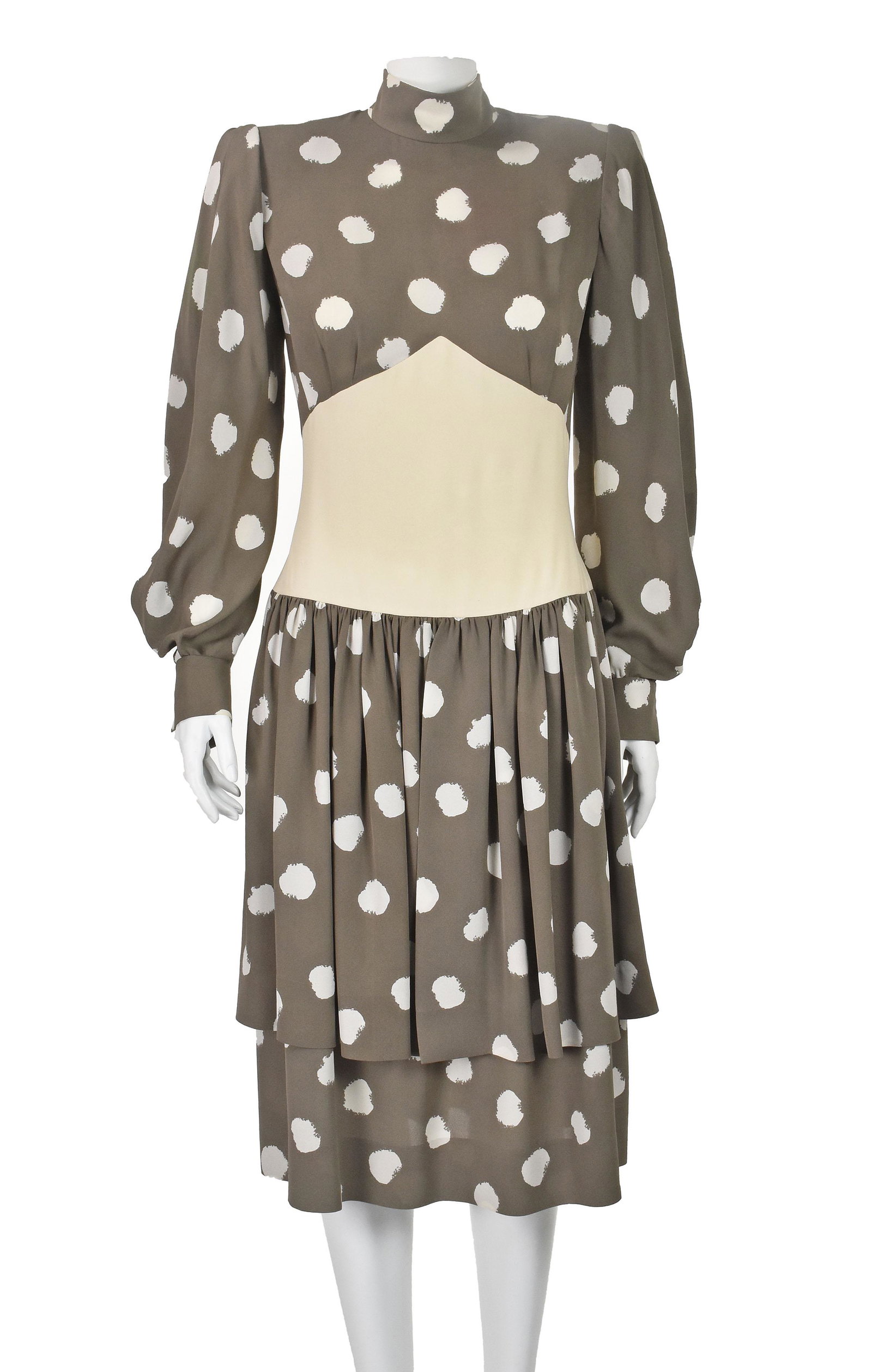 James GALANOS Vintage 1980s Taupe Silk Dress: This 1980s Galanos dress is a taupe silk with large abstract dots, and the midriff is a contrasting ivory silk. The skirt is two layers, the shorter of which is split in the front (see photo). Althoug