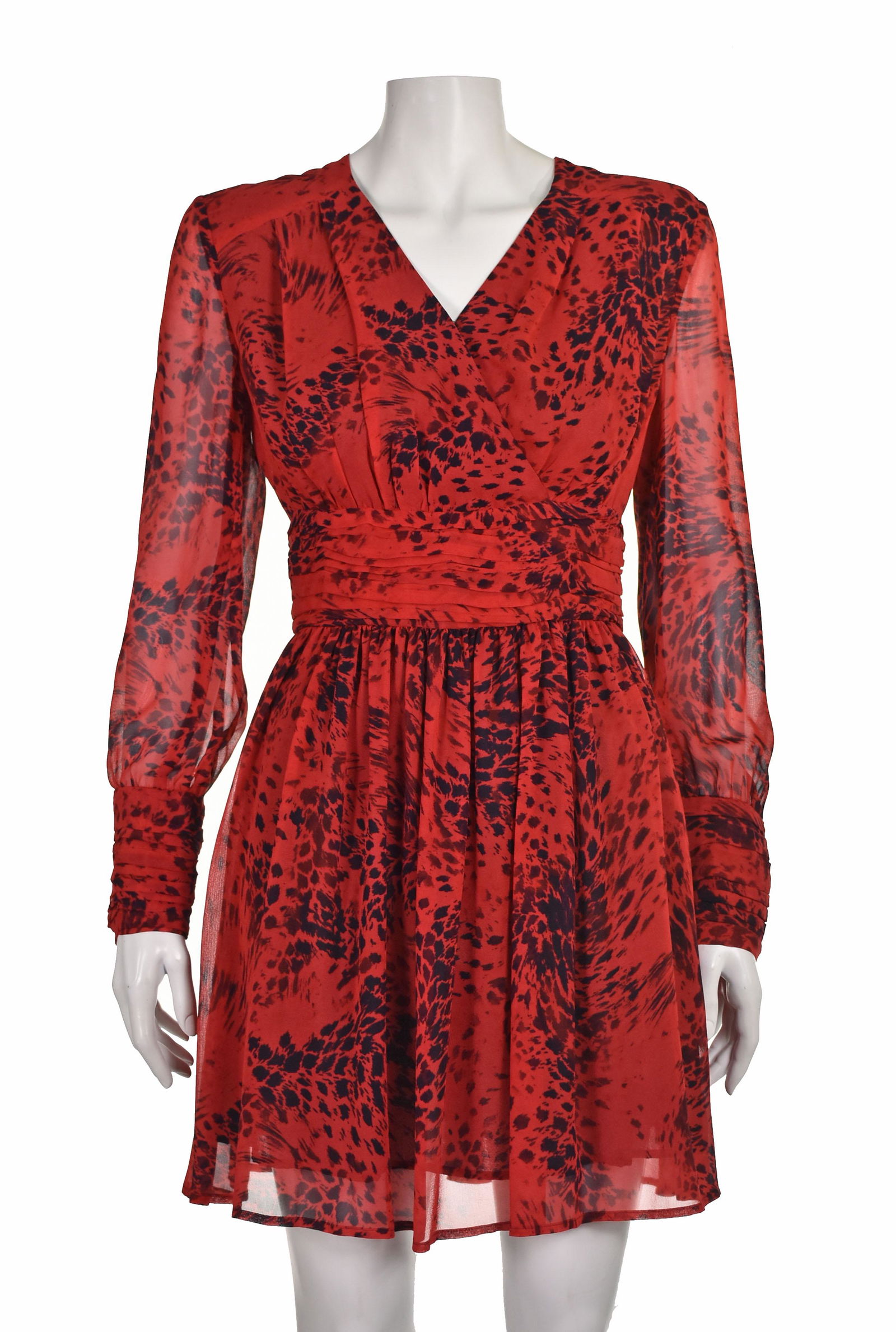 BALMAIN Vintage Red & Black Tiger Print Silk Chiffon: Red silk chiffon vintage dress from Pierre Balmain features a black tiger print with inverted pleats on wide waistband and cuffs. The surplice bodice has a 3.5-inch wide waistband comprising inverted