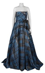 ANGEL SANCHEZ Embellished Blue & Black Silk Ball Gown: Now based in New York, Ãngel SÃ¡nchez is a world renowned Venezuelan fashion designer who specializes in evening wear and bridal designs. This strapless dress is blue silk twill printed with black