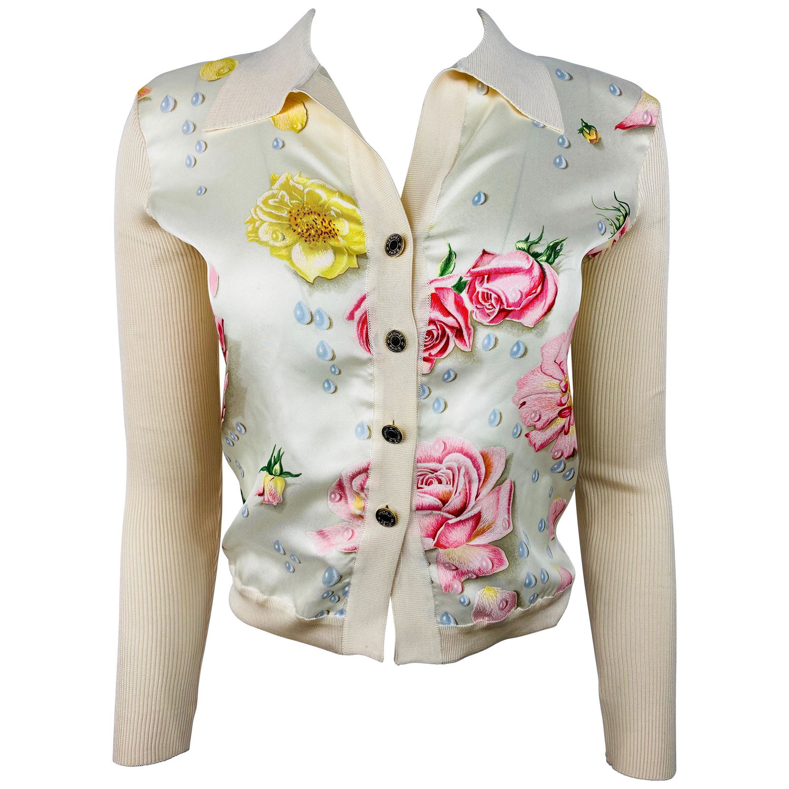 Hermes- Paris Beige Silk and Knit Button Down Top Size (1 of 8)