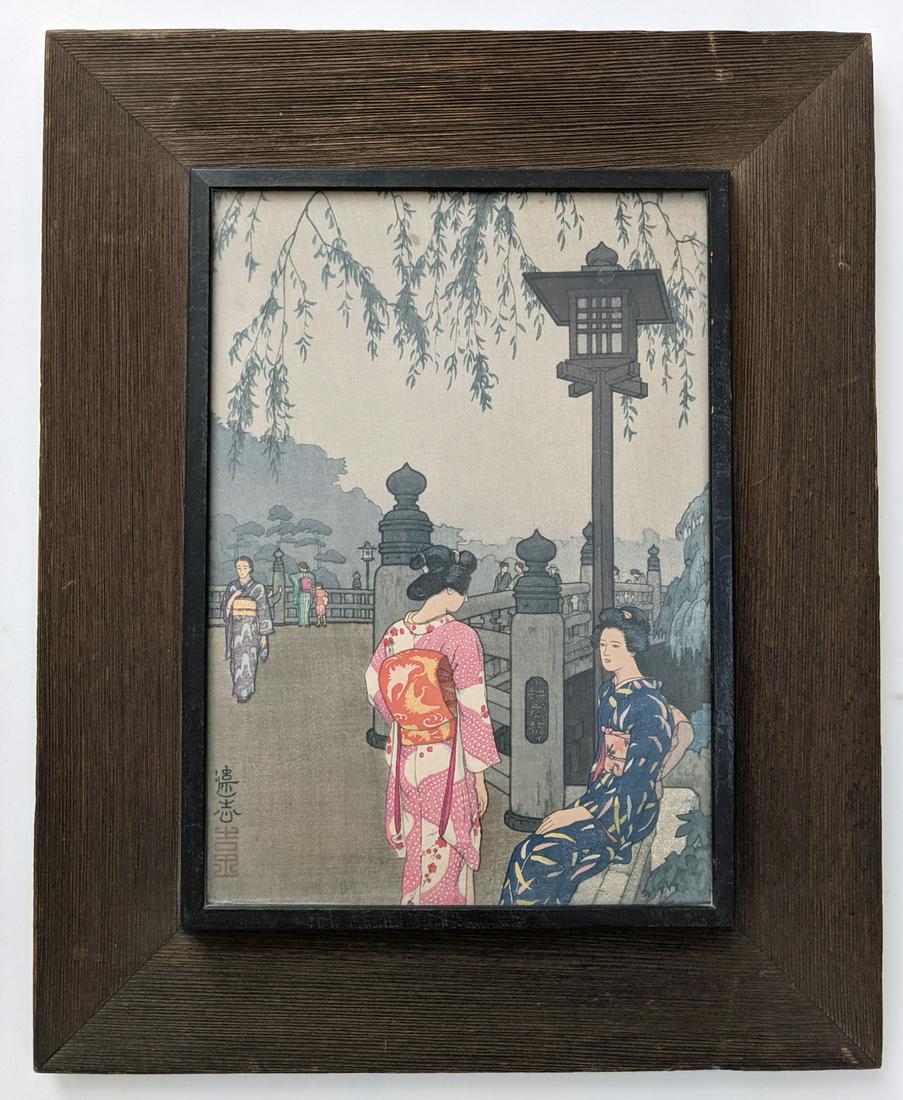Toshi Yoshida: Benkei Bridge: Title: Benkei Bridge Artist: Toshi Yoshida Printing Date: 1941 Medium: Japanese woodblock print Size/Format:Framed size: 14 x 11.25 inches. Visible image: 9.25 x 6.5 inches. Publisher: Yoshida Studio