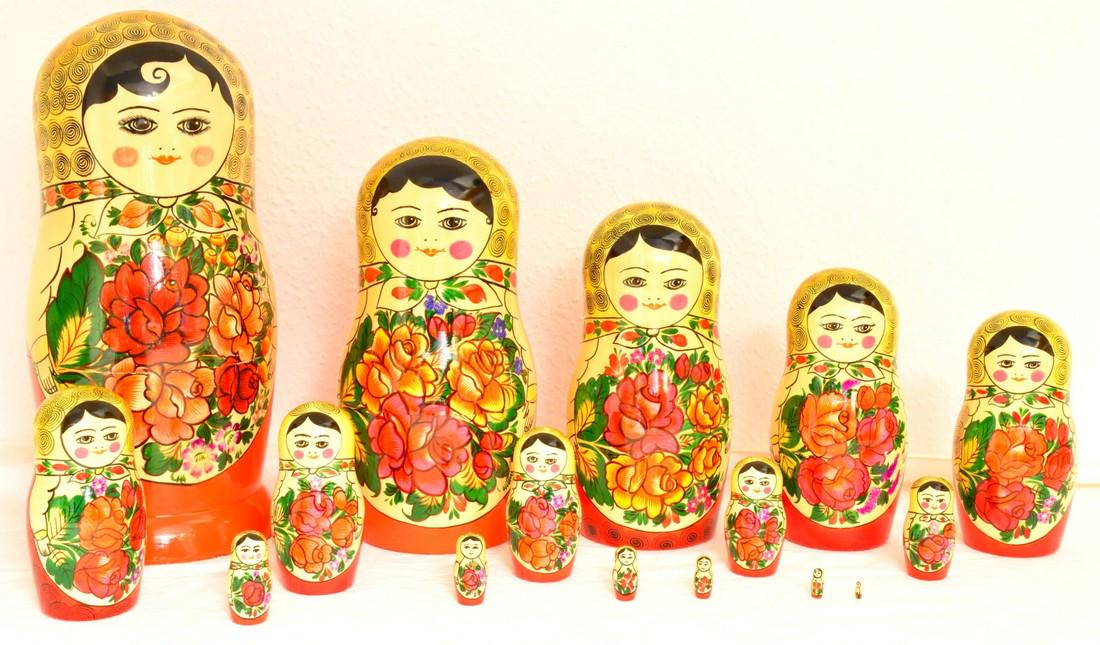 Matreshka Semenovskaya: Large Matreshka Semenovskaya. Traditional russian wooden nesting doll, handmade, handpainted, 16 pcs. Dimensions: 16 × 36 cm Reserve: $160.00 Shipping: Domestic: Flat-rate of $40.00 to anywhere withi