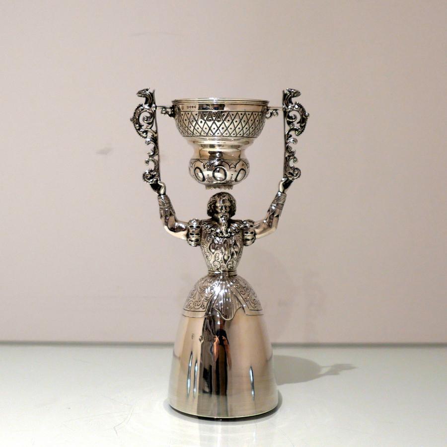 19th Century Antique Victorian Sterling Silver Figural: Title: 19th Century Antique Victorian Sterling Silver Figural Wager Cup London 1884 Charles Stuart Harris Description: 19th Century Antique Victorian Sterling Silver Figural Wager Cup London 1884 Char