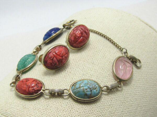 Vintage Scarab Bracelet & Earrings Set, Art Glass, (1 of 14)