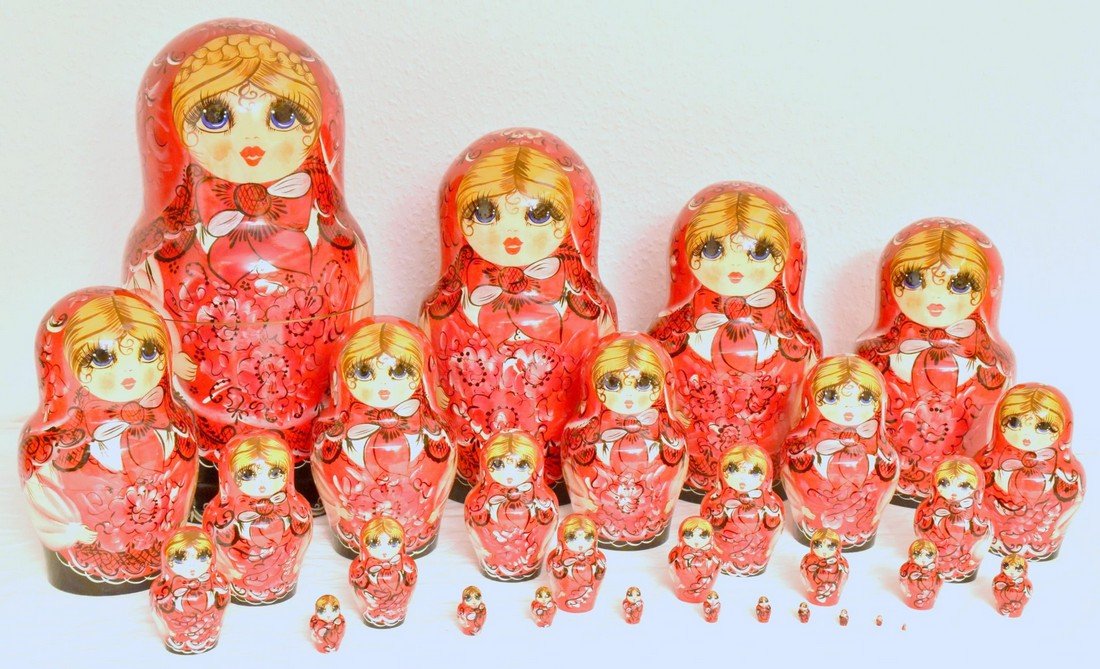 Matreshka: Large Matreshka. Traditional russian wooden nesting doll. Hand made, hand painted with artist’s signature. Sergiyev Posad, 30 pcs. Reserve: $300.00 Shipping: Domestic: Flat-rate of $40.00 to anywher