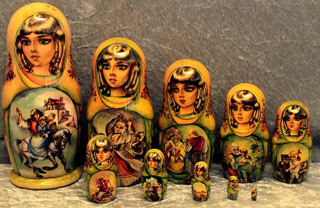 Matreshka, nesting doll: Matreshka, Russian hand-made and hand-painted nesting doll, Stecking doll with artist’s signature – Toria. 10 dolls with Fairy tale “Blacksmith”. Reserve: $450.00 Shipping: Domestic: Flat-rate
