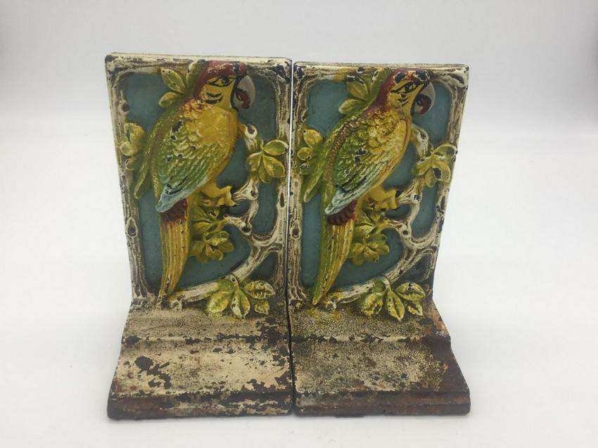 ANTIQUE HUBLEY PAINTED CAST IRON PARROT MACAW BOOKENDS (1 of 8)