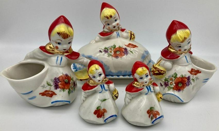 Lovely Lot of HULL POTTERY LITTLE RED RIDING HOOD: Title: Lovely Lot of HULL POTTERY LITTLE RED RIDING HOOD Provenance/Additional Info: This wonderful lot includes the covered butter dish, creamer & sugar as well as the set of salt and pepper shakers.