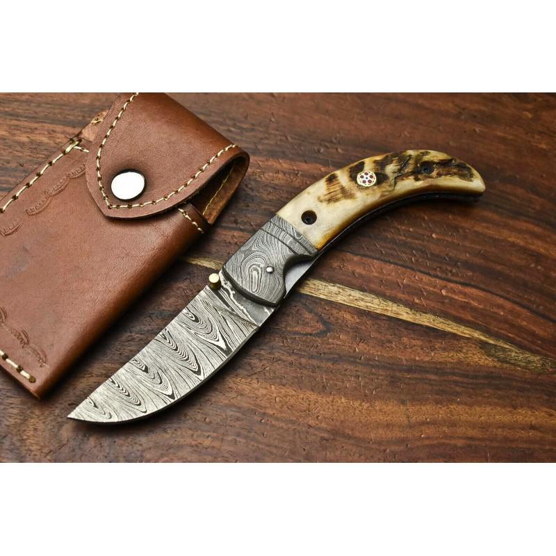 Folding camping pocket work damascus steel knife horn (1 of 5)