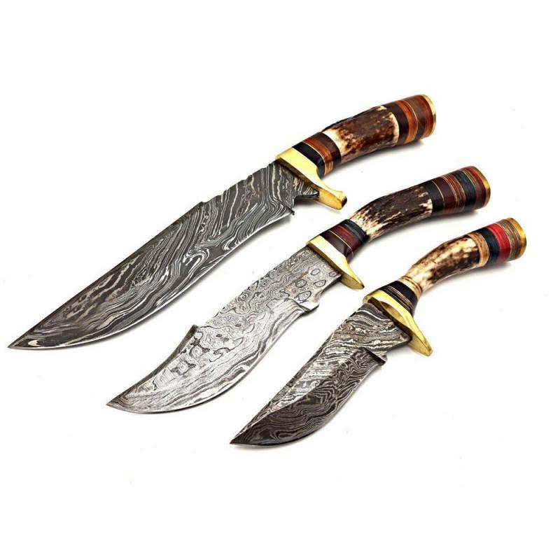 3 pcs SET handmade damascus steel knife combat stag (1 of 4)