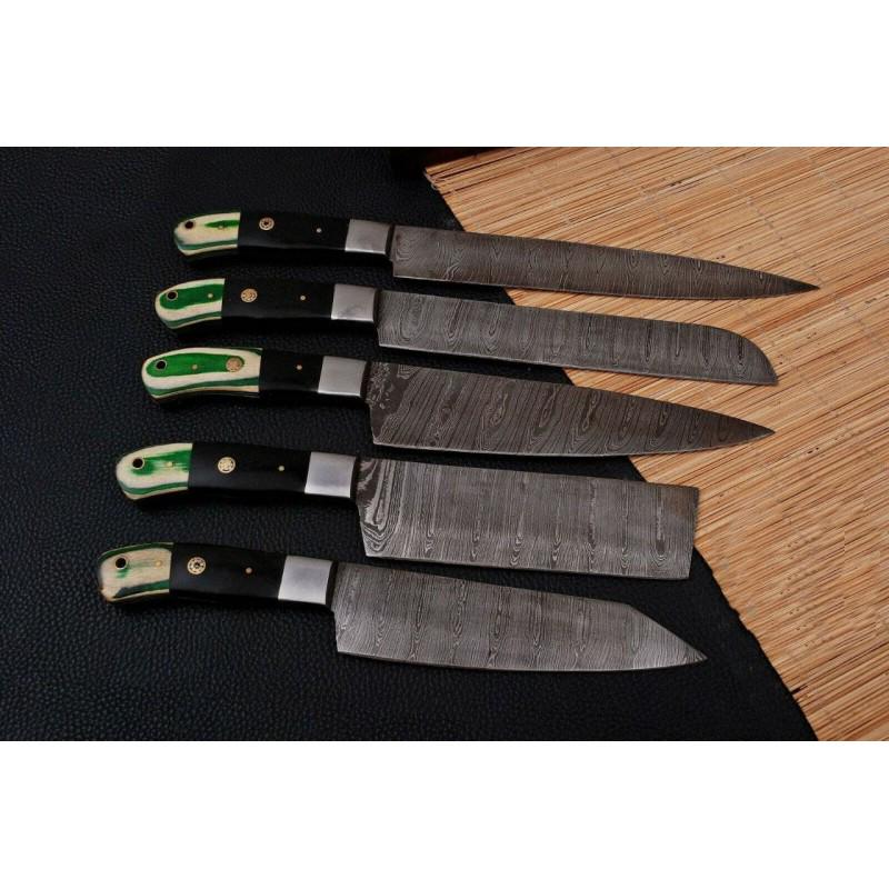 Set of 5 chef kitchen damascus knives steel wood horn (1 of 4)