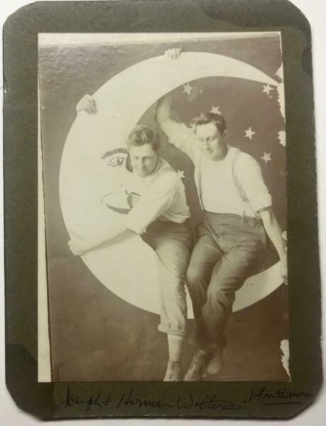 c 1920 FUNNY PHOTOGRAPH, MALE CLUTCHING PAPER MOON ID'd: c 1920 FUNNY PHOTOGRAPH, MALE CLUTCHING PAPER MOON ID'd J&H WALTERS, 1ST ON MOON c 1920 FUNNY PHOTOGRAPH, MALE CLUTCHING PAPER MOON ID'd J&H WALTERS, 1ST ON MOON Click images to enlarge