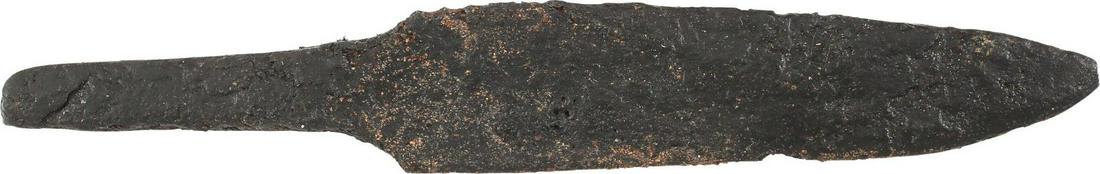 VIKING SIDE KNIFE OR POUCH KNIFE, 866-1067 AD: Danelaw England. Just over 3 1/8" total length. Thick wedge section blade with the straight back of scramseax form. Whittle tang for mounting in a wood, bone, or antler grip without a guard. (See http