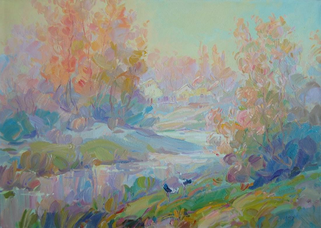 Oil painting Morning. Cranes Kotmin Dmitry: ?Kotmin 11 *** ABOUT THIS PAINTING *** * TITLE: "Morning. Cranes" * ARTISTS: Kotmin Dmitry * SIZE: 50x70 cm/'19.68x27.55 inches' * MEDIUM: oil, canvas * HAND PAINTED: Original painting from our collec