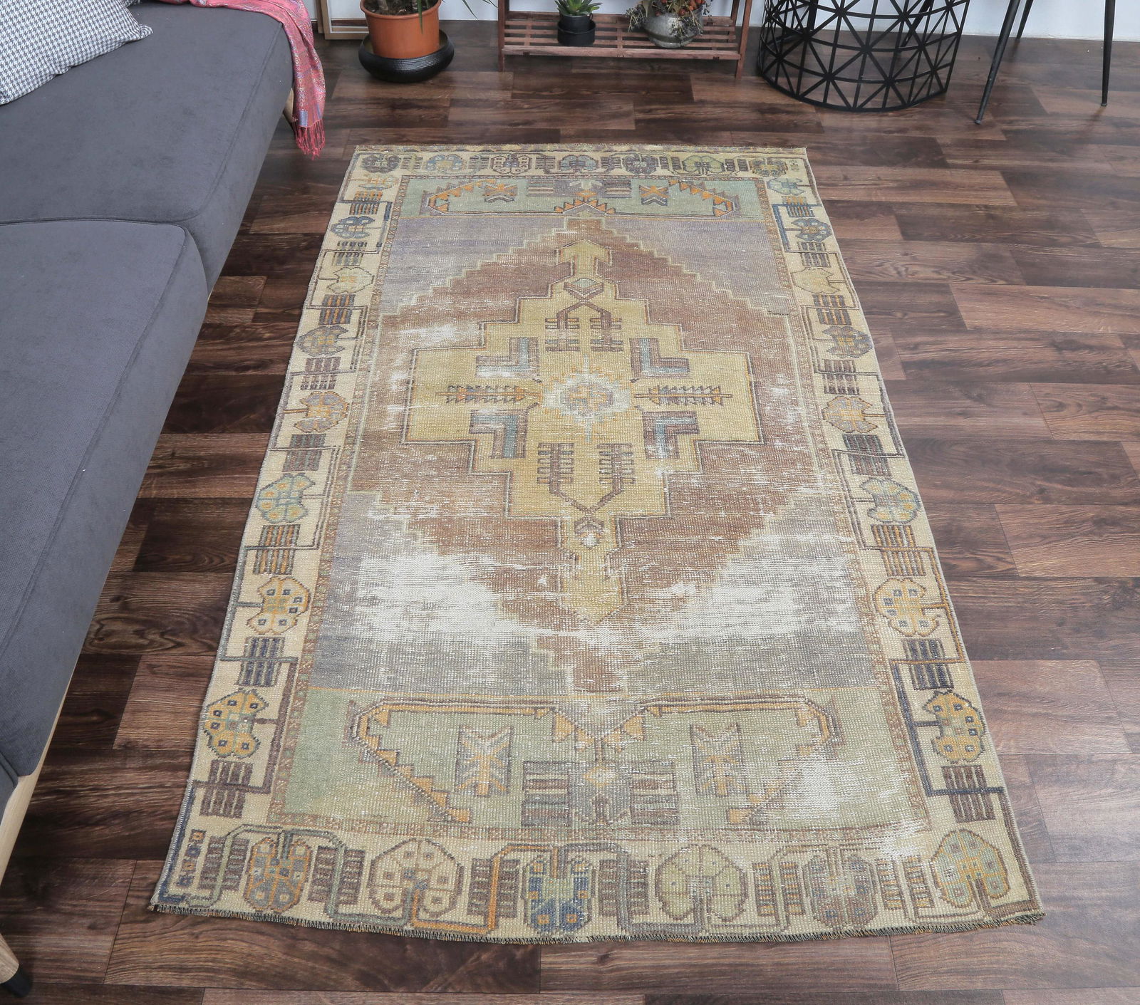 4x7 Turkish Antique Carpet, Oushak Handmade Wool Runner: This Turkish one-of-a-kind Folk Antique Rug is hand-knotted and handwoven by the most skilled artisans who use pure wool, in Faded, natural tones, and stylish, perfect Oriental design in Multi-Color.
