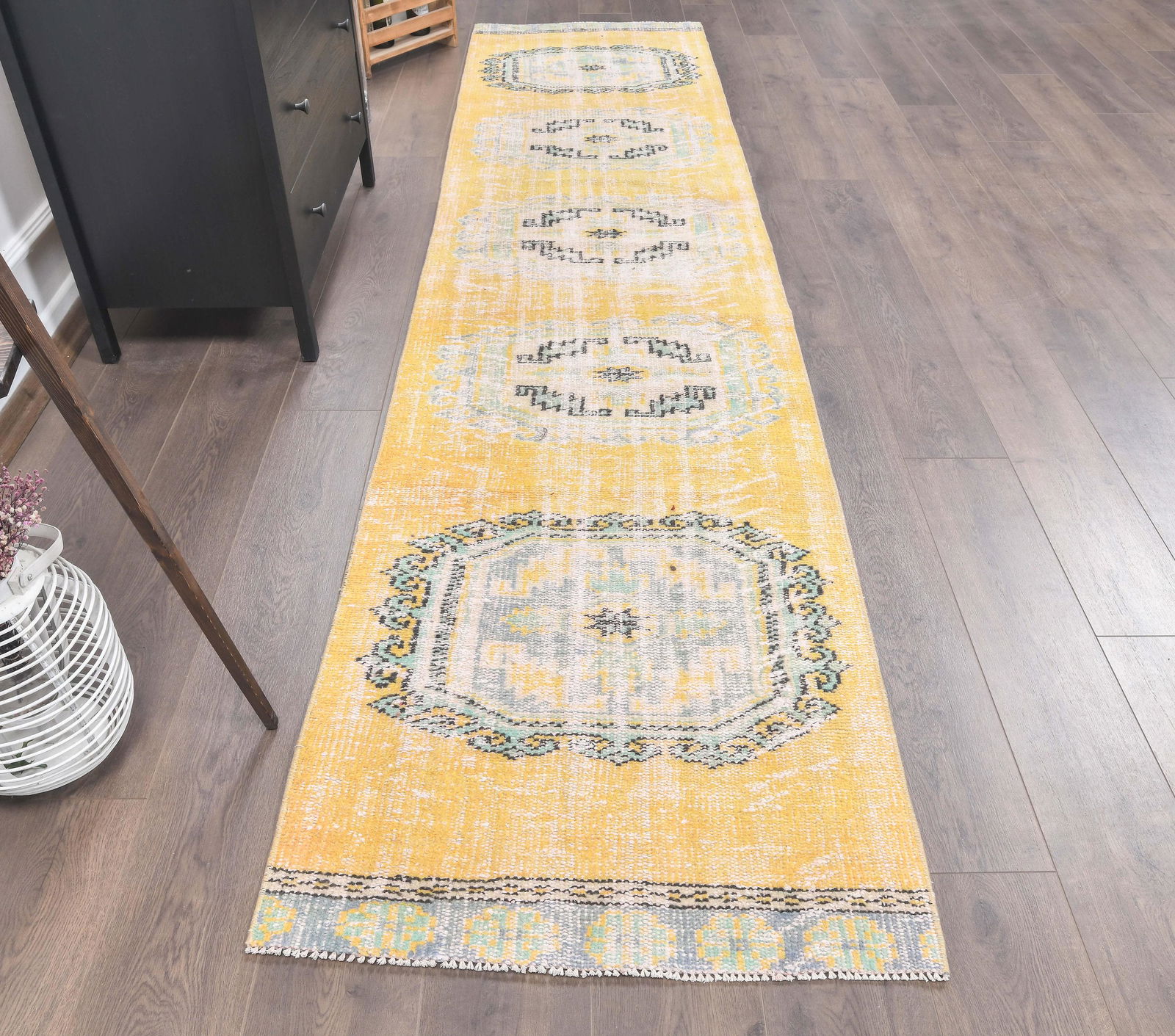 3x11 Turkish Antique Runner, Oushak Handmade Wool Rug,: This Turkish one-of-a-kind ANTIQUE runner rug is hand-knotted and handwoven by the most skilled artisans who use pure wool, in muted, natural tones, and stylish, Oriental design in Yellow Color. It is