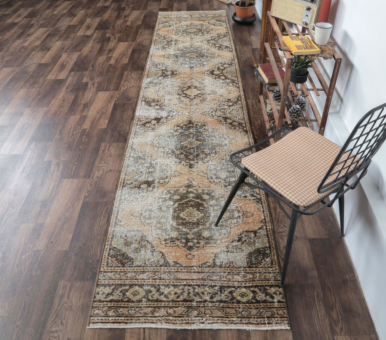 3x10 Turkish ANTIQUE Runner, Oushak Handmade Wool: This Turkish one-of-a-kind Vintage Distressed Runner Rug is hand-knotted and handwoven by the most skilled artisans who use pure wool, in faded, natural tones, and stylish, oriental design in Orange C